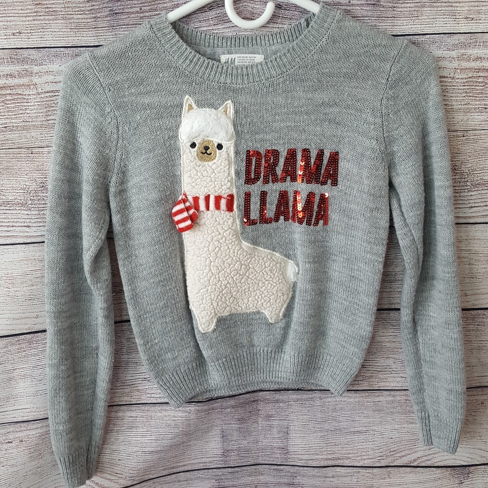 H&M Gray Sweater, Sequin Drama Llama